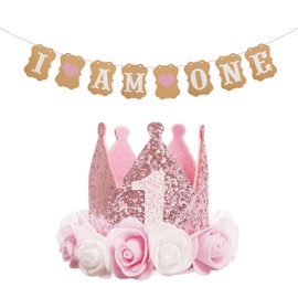 1st Birthday Decorations for Girls, First Birthdays Crown Hat and Banner, 1st Birthday Crown Hat Decorations with Cute Floral for Baby shower, Birthdays Party Photo Props, Pink