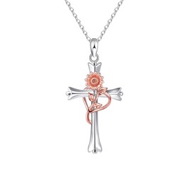 Mesovor Dainty Silver Cross Necklace for Women, Silver Plated Cross Faith Pendant Necklaces with Rose Gold Birth Flower | Jewelry Gifts for Teen Wife Women (Sunflower-Sunshine)