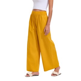 Les umes Womens Linen Wide Leg Pants Elastic Waist Cotton Loose Casual Baggy Trousers with Pockets Yellow L