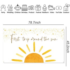 First Trip Around Sun Birthday Background Banner Sun Poster Photo Booth Background 70.8 x 45.2 Inches for Men and Women, Boys, Girls,Retro Boho Sun Birthday Party Decoration (White-Yellow)