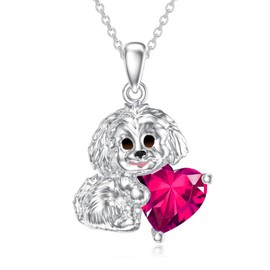 Seiyang Maltese Ruby Birthstone Necklace 925 Sterling Silver Maltese Dog Pendant Necklace with July Birthstone Birthday Jewelry Gifts for Women Dog Lovers