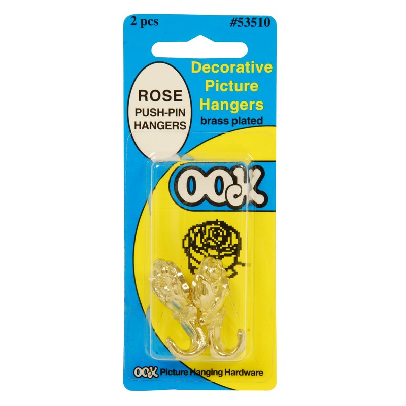 OOK 53510 Rose Push Pins, Tool-Free Lightweight Hangers, Brass, (2