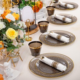 Hioasis 175PCS Black and Gold Plastic Plates - Hammered Disposable Plates,Include 25 Dinner Plates, 25 Dessert Plates,25 Cups,25 Rolled Napkin Cutlery Perfect for Wedding