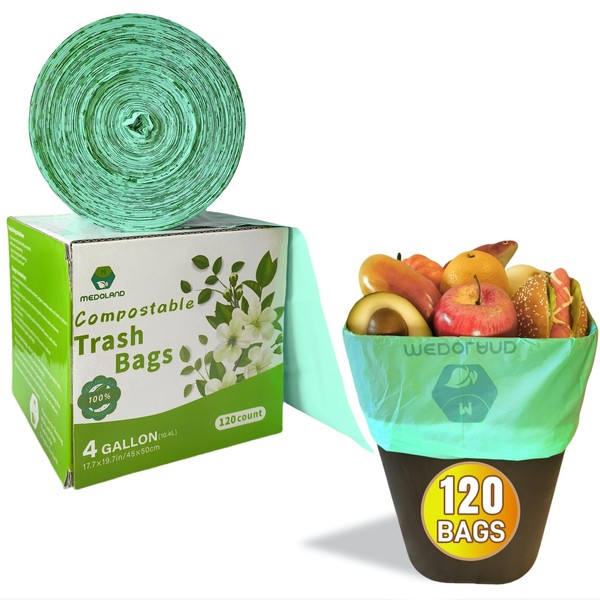 Medoland 100% Compostable Bags for Countertop Bin, 4 Gallon (120