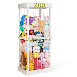 Trycooling Stuffed Animal Zoo Stuffed Animal Storage Wood Plushie Storage Stuffed Animals Zoo Storage Cage with Zoo Pattern Elastic Band for Nursery Play Room Bedroom (White)