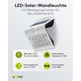 Goobay 45802 LED Solarleuchte Außenstrahler mit Bewegungsmelder Aussen / 1,5W Solar Lampe Outdoor / IP65 Gartenstrahler / Außenlampe mit Bewegungsmelder PIR Sensor / Weiß