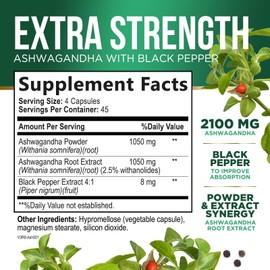 Herbal Ashwagandha 2,100 mg - Extra Strength Unwind, Calm & Relax Support with Black Pepper - Natural Focus & Energy Support - Ashwagandha Powder Supplements - Vegan, Gluten Free - 180 Capsules