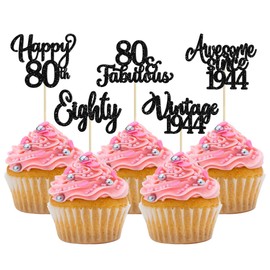 30 piezas de decoración para magdalenas de 80 cumpleaños con purpurina impresionante desde 1943, 80 fabulosas púas clásico de 1943 para magdalenas para 80 cumpleaños, aniversario, jubilación, fiesta, decoración de pasteles, suministros color negro