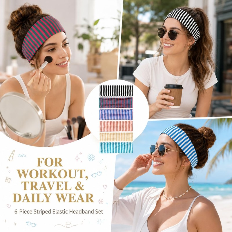 6 Pcs Striped Headbands for Women, Wide Non Slip Cloth