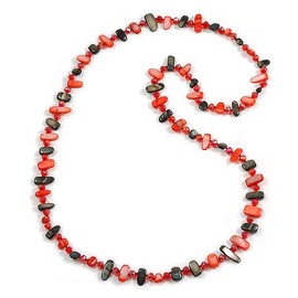 Avalaya Long Red/Black Shell Nugget and Red Faceted Glass Bead Necklace - 112cm Long