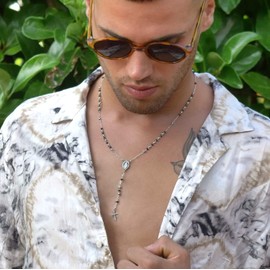 SAGA GIOIELLI® Black and Silver Stainless Steel Beads Rosary Necklace, Stainless Steel, Pearls