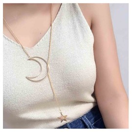 Yheakne Boho Moon Star Lariat Necklace Long Gold Y Drop Necklace Chain Hollow Moon Choker Star Pendant Necklace Minimalist Y Necklace Jewelry for Women and Girls
