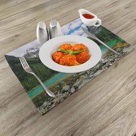 Ambesonne Landscape Place Mats Set of 4, Canada Ohara Lake Yoho National Park with Mountains Nature Scenery Art Photo, Washable Fabric Placemats for Dining Table, Standard Size, Green White