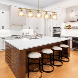 BYOLIIMA Modern Brushed Brass Linear Chandelier Amber Ribbed Glass Shade 5-Lights Gold Mid Century Sputnik Globe Pendant Light Farmhouse Ceiling Hanging Light Fixture Dining Room Kitchen Island