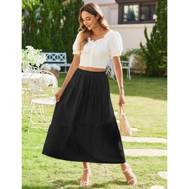 Zeagoo Long Women's Elegant Maxi Skirt with Pockets, Elastic High Waist Summer Skirt, Casual Flowy Beach Skirt, A-Line Maxi Skirt, S-XXL, black