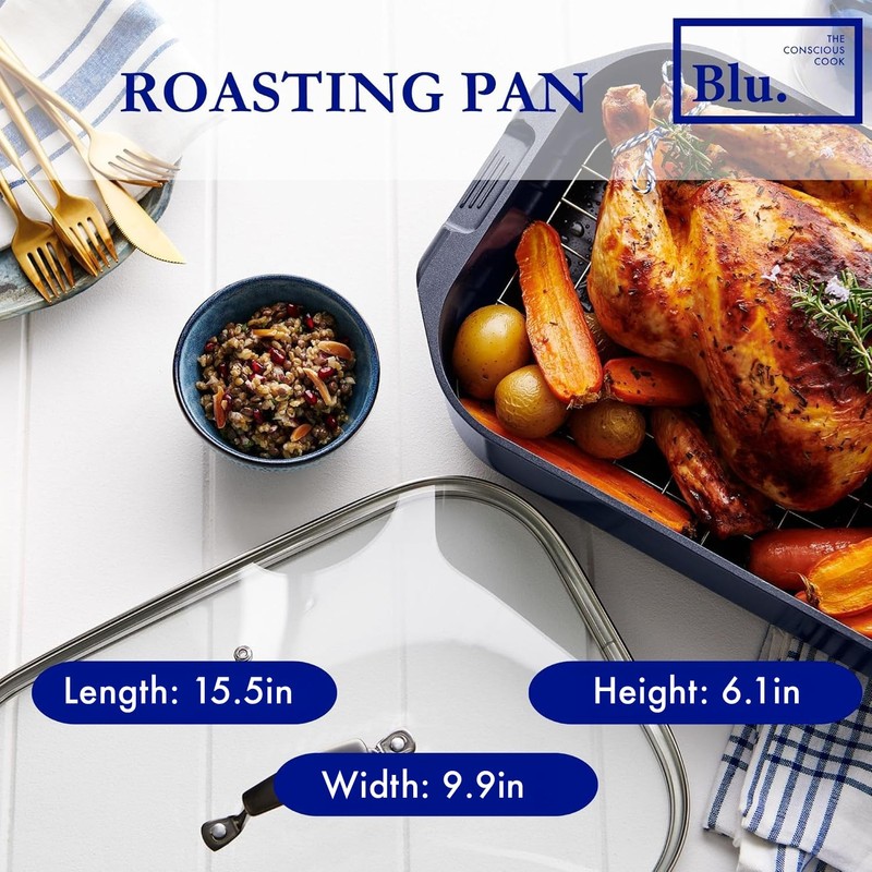Blu. Cookware Roasting Pan with Lid and Roasting Rack, Non-Toxic,