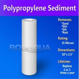 25 Micron Sediment Water Filter Cartridge 10"x 2.5", Four Layers of Filtration, Removes Sand, Dirt, Silt, Rust, Made from Polypropylene for any RO Units or Whole House Water Filtration Systems 6 Pack
