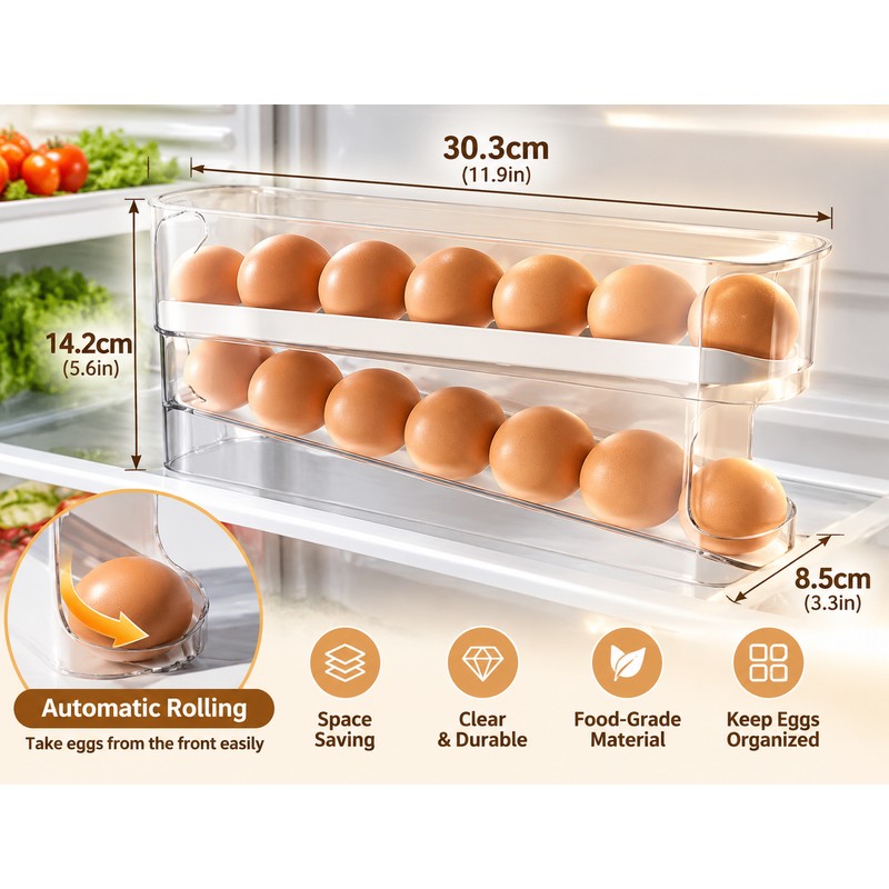 2-Tier Rolling Egg Holder for Refrigerator Organization – Automatic Gravity-Feed