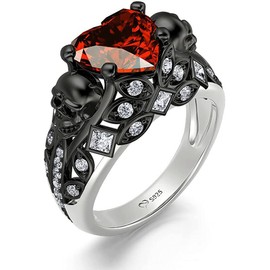 Jeulia 2.55ct Skull Engagement Ring Sets Sterling Silver Heart Cut Red Diamond Ruby Rings Cubic Zirconia Wedding Promise Anniversary Romantic Jewelry for Women Grils Bridal with Gift Box (black, 9)