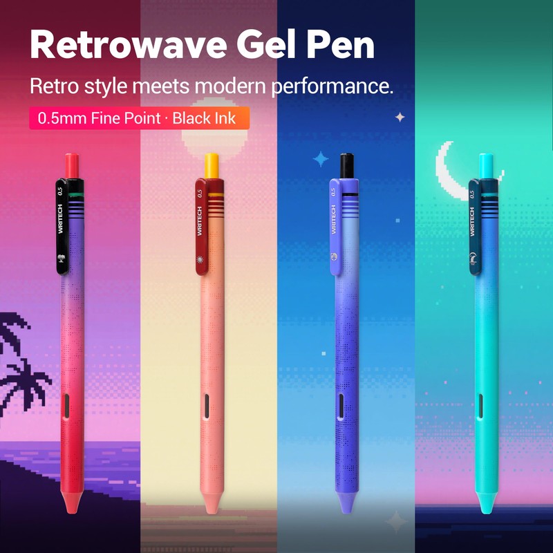 WRITECH Black Ink Gel Pens: 8-Pack Retrowave 0.5mm Fine Point