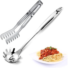 Pleafind Set of 2 Spaghetti Spoons and Spaghetti Tongs, 33 cm Non-Stick Pasta Spoon and 29 cm Pasta Tongs, Stainless Steel Spaghetti Server Set, Easy Storage and Cleaning, Ergonomic Design