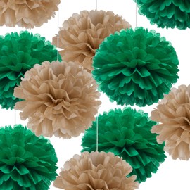 10 Pack 14" Green Brown Tissue Paper Pom Poms, Rustic DIY Hanging Flower Balls for Wedding Baby Shower Birthday Party Home Seasonal Decorations