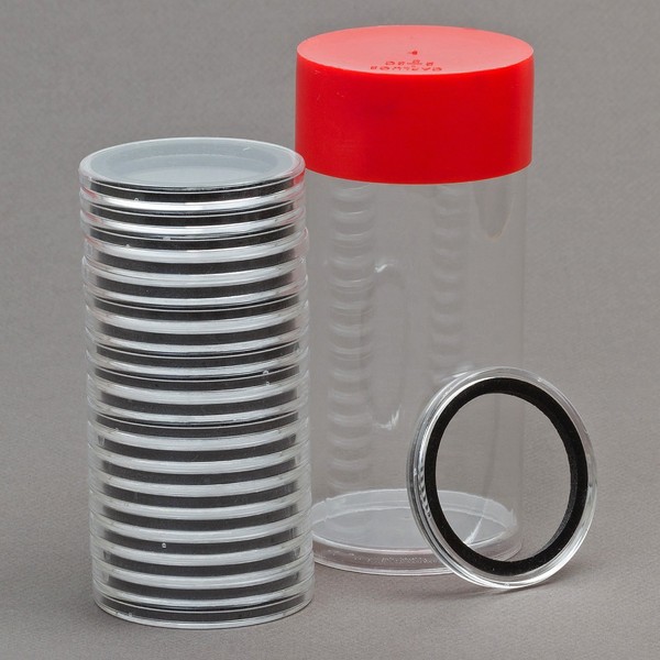 Red Capsule Tube & 20 Air-Tite 37mm Black Ring Coin Holder Capsules for 1oz Silver and Gold Philharmonic by OnFireGuy