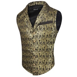 Alizeal Mens Paisley Waistcoat Victorian Steampunk Gothic Formal Casual for Party Banquet Suit Vest, Black+Gold-2XL