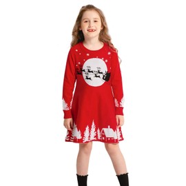 SMILING PINKER Girls' Christmas Santa Reindeer Winter Knitted Dress, red
