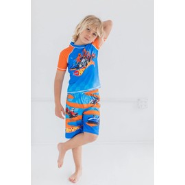 Hot Wheels Little Boys UPF 50+ Pullover Rash Guard Swim Trunks Outfit Set Blue 7-8