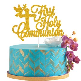 Decoración para tartas de primera comunión dorada con purpurina para cumpleaños de niños, baby shower, bautizo, decoración de fiesta de Dios bendiga