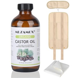 MUZAMOX Castor Oil Organic Cold Pressed Unrefined Glass Bottle (8fl.oz/237ml), Castor Oil Pack Wrap Organic Cotton and Castor Oil Packs for Liver Detox