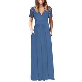 AUSELILY Dresses for Women 2026 Elegant Classy Lace Short Sleeve V Neck Wrap Long Summer Dress with Pockets Beja Blue XL