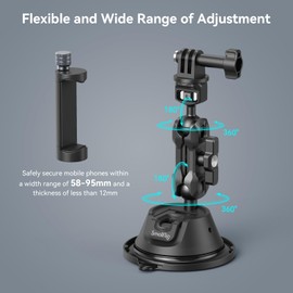SMALLRIG Double-Layer Suction Cup Mount for Action Camera, Car Mount w Holder for GoPro for DJI Osmo, Dual Ball Head 360° Rotation for Car Windshield Window, SC-1K - 4275