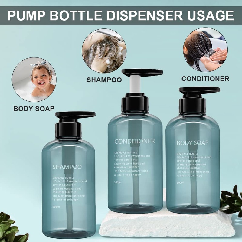 3 Pack Refillable Shampoo and Conditioner Bottles, 300ml Plastic Empty