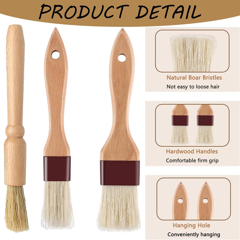 3 PCS Pastry Brushes,Wooden Durable Cooking Brush for Baking, BBQ