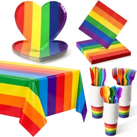 145 PCS Rainbow Party Supplies Serve 24 Guests, Gay Pride Party Tableware Set with Heart Plates, Napkins, Cups, Cutlery and Tablecloth for Gay Pride Party Decorations and Community Gatherings