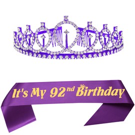 Dgasin 92nd Birthday Party Supplies Women Happy 92nd Birthday Sash and Birthday Tiara Cystal Princess Crowns Birthday Decorations Favors Gift