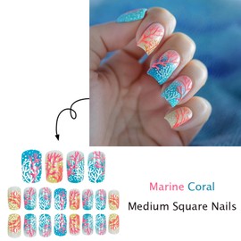 Ocean Press on Nails Medium Square Fake Nails with Red Coral Design Glossy False Nails Summer Acrylic Nails Kit with Jelly Glue Reusable Full Cover Stick on Nails for Women 24Pcs