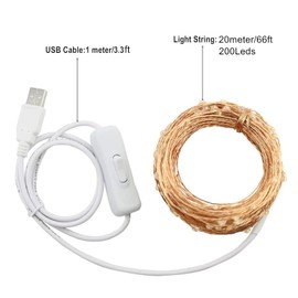 RUICHEN USB Fairy Lights 66 Ft 200 LED Firefly String Lights with ON/Off Switch, Waterproof Copper Wire Christmas Lights for Bedroom Wall Ceiling Wreath Crafts Wedding Party (Warm White)