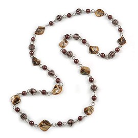 Avalaya Glass and Shell Bead with Silver Tone Metal Wire Element Long Necklace In Brown - 120cm L