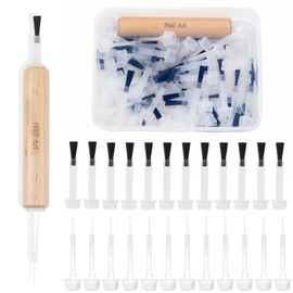WOKOTO 100 Pcs Nail Polish Brush Replacement Brush With Wood Double Side Pen Holder Kit, 50pcs Flat & 50pcs Line Brushes Replacement For Nail Polish, Gel Nail Soft Brush Head Liquid Nail Brushes