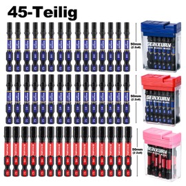 Geinxurn Impact Resistant Screwdriver Bits Set, 45 Pieces 50 mm Magnetic Hex (4 mm, 5 mm, 6 mm) S2 Steel Multi Driver Bits with Storage Colourful Box