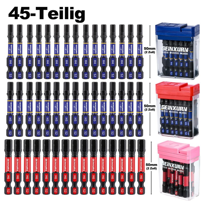 Geinxurn Impact Resistant Screwdriver Bits Set, 45 Pieces 50 mm