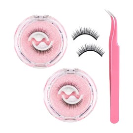 LJOINEG Wiederverwendbare selbstklebende Wimpern, 2 Paar selbstklebende Wimpern und rosa Wimpernzange Wiederverwendbare falsche Wimpern Vorgeklebte Wimpern - einfache Anwendung