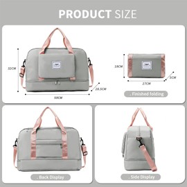 FIORETTO Womens Foldable Weekend Bag Overnight Hospital Bag with Shoes Compartment & Wet Pocket, Water Resistant Gym Bag Duffle Bag Travel Bag Holdall for Women Men Grey&Pink