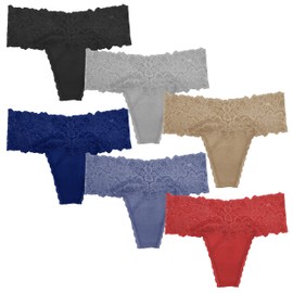 WKFIINM Pack 6 High Waisted Lace Thong for Women Cotton Underwear Plus Size High Rise Retro Tummy Control Thongs Panties Size Medium