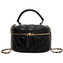 Halgio Women's Vanity Bag, Shoulder Quilting Bag, Mini Shoulder Bag, Vanity Pouch, Cosmetics Bag, Small, Makeup Pouch, Black, White, Black, White, Leather-Style, Popular, Korean, Cute, Crossbody Bag,