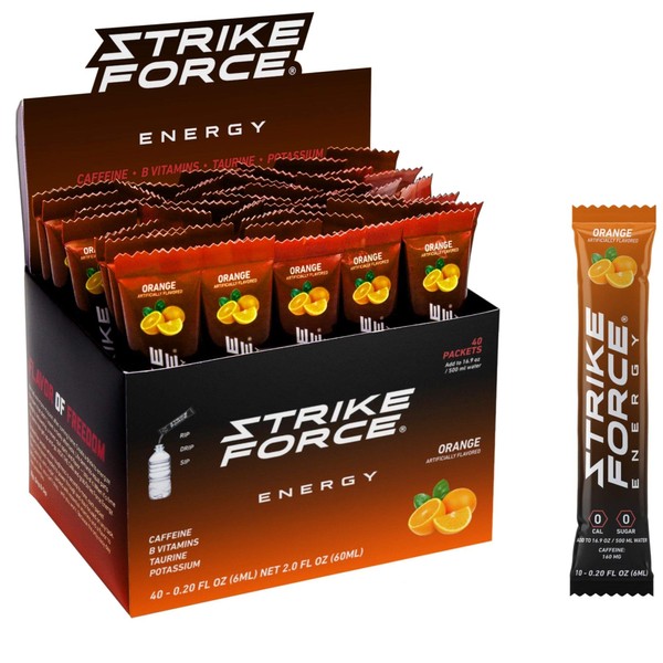 Strike Force Energy Drink Mix - Healthy Water Enhancer + Caffeine, Vitamin b12 & Potassium - Natural Tasting Flavor for Keto, Sugar Free & Vegan Diets. 40 Liquid Energy Packets - Orange Flavoring