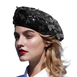 Bling Beret Hats for Women Paris Artist Cap Ladies Sparkle French Style Beanie Beret with Embroidery Butterfly,Black